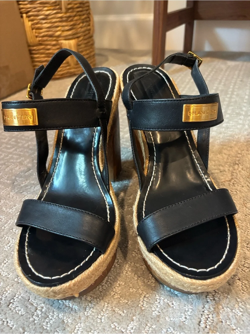 HUNTER Gonave Leather and Wood Block Heel Platform Espadrille Sandals, 9 GUC